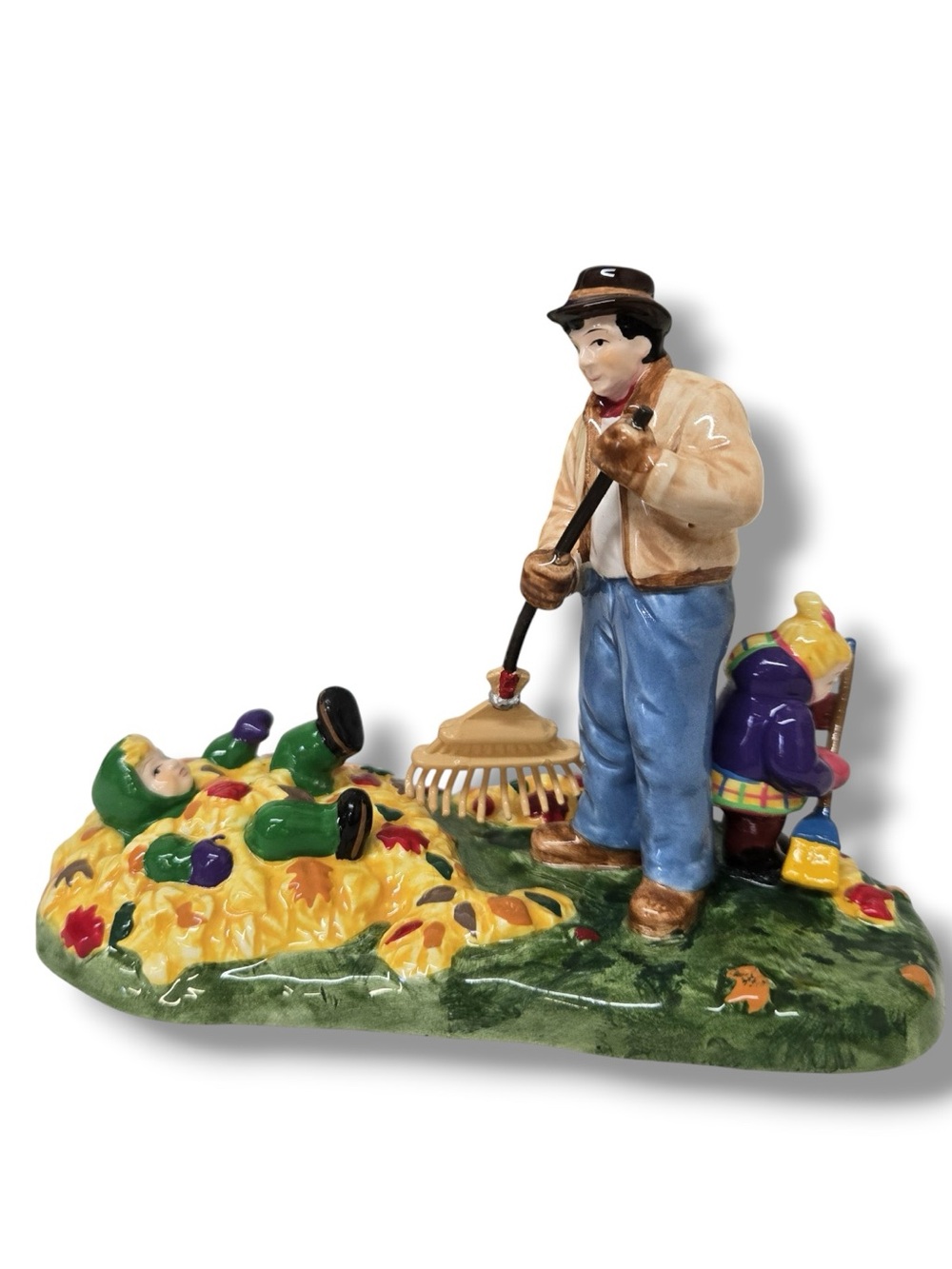 Dept 56 Original Snow Village Preparing For Halloween Figurine Raking Leaves